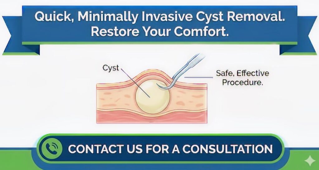 Promotional graphic for Cyst & Lipoma Removal services. Features a medical illustration of a skin cyst, with the slogan 'Quick, Painless & Minimal Scarring' and a 'Contact Us' button for Dr. Terushkin