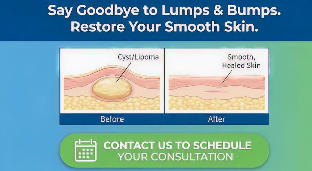 Medical infographic for cyst and lipoma removal services. The headline reads: 'Say Goodbye to Lumps & Bumps. Restore Your Smooth Skin.' Below is a 'Before and After' diagram illustrating the surgical removal of a skin mass, showing smooth, healed skin post-procedure. The image includes a 'Contact Us to Schedule Your Consultation' button