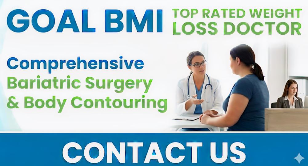 Mobile-friendly banner for Goal BMI Clinic in Brooklyn, NY. Large text reads: 'GOAL BMI - TOP RATED WEIGHT LOSS DOCTOR.' Features a prominent 'CONTACT US' button overlaid on a professional medical background, promoting bariatric surgery and medical weight loss services