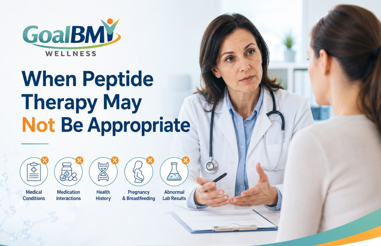 Doctor consulting with a patient about when peptide therapy may not be appropriate, featuring the GoalBMI Wellness logo and physician-guided treatment considerations.